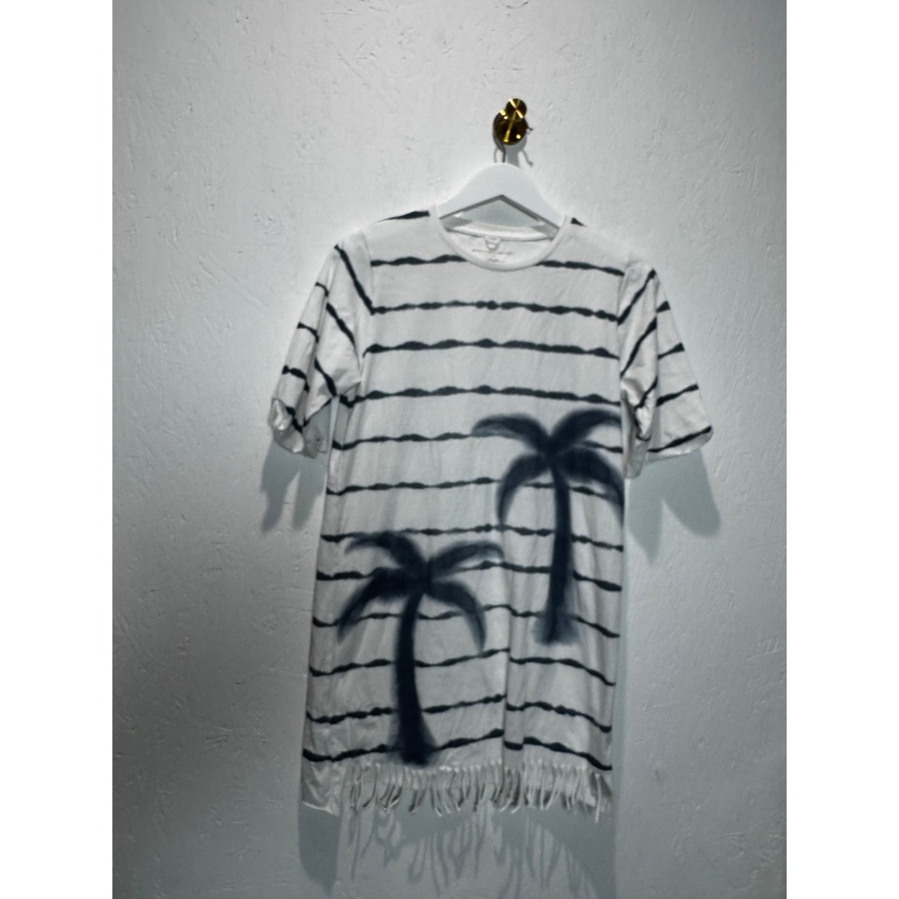Stella McCartney Kids Palm Tree Striped Fringe T-Shirt Dress White Blue 14 years